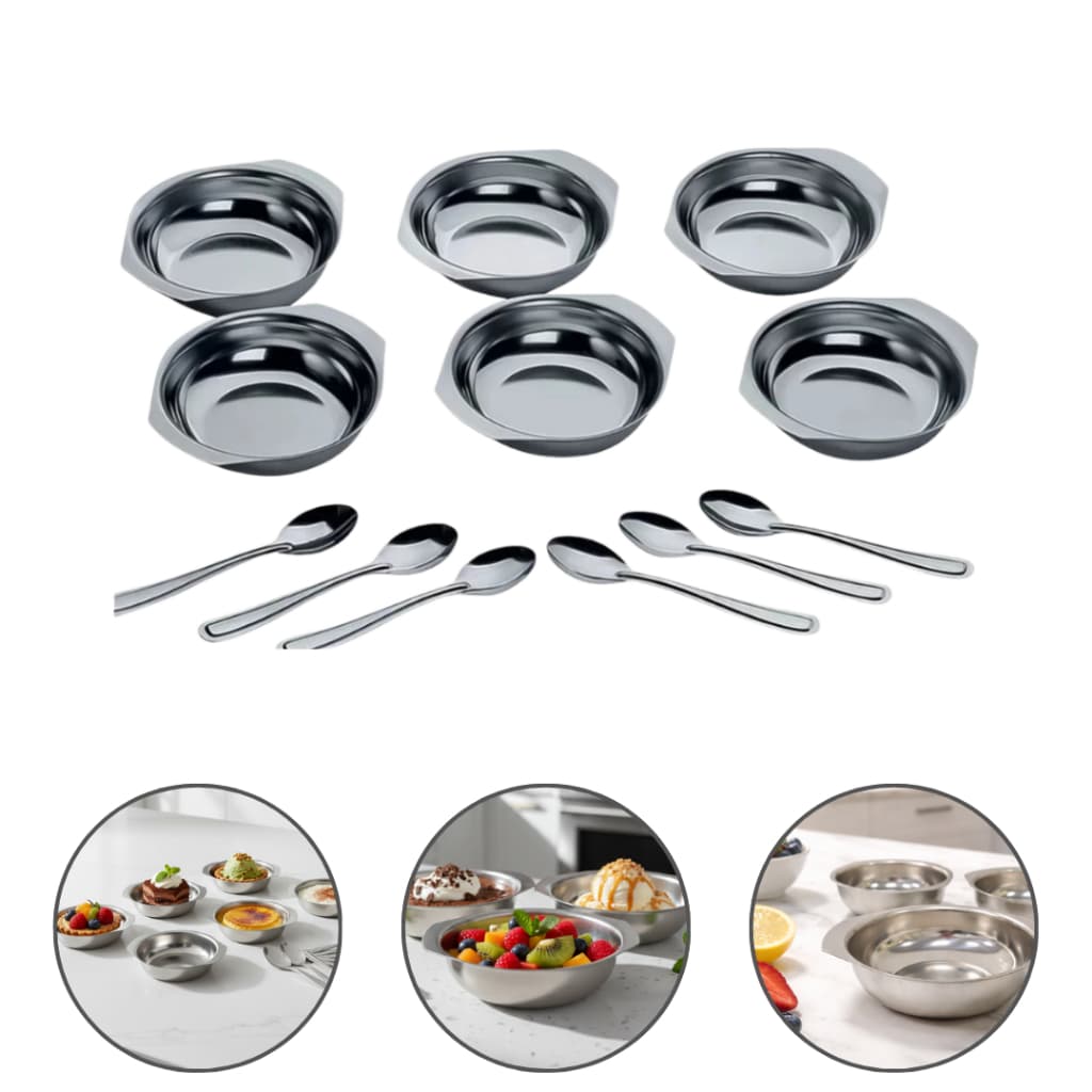 Kit 6 Conjuntos Sobremesa Aço Inox Tigela E Colheres Elegância E Durabilidade