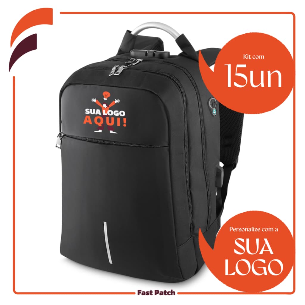 Kit 15 Mochila Personalizada com sua Logo Estilo Corporativo Espaçosa porta USB e Trava de Segurança