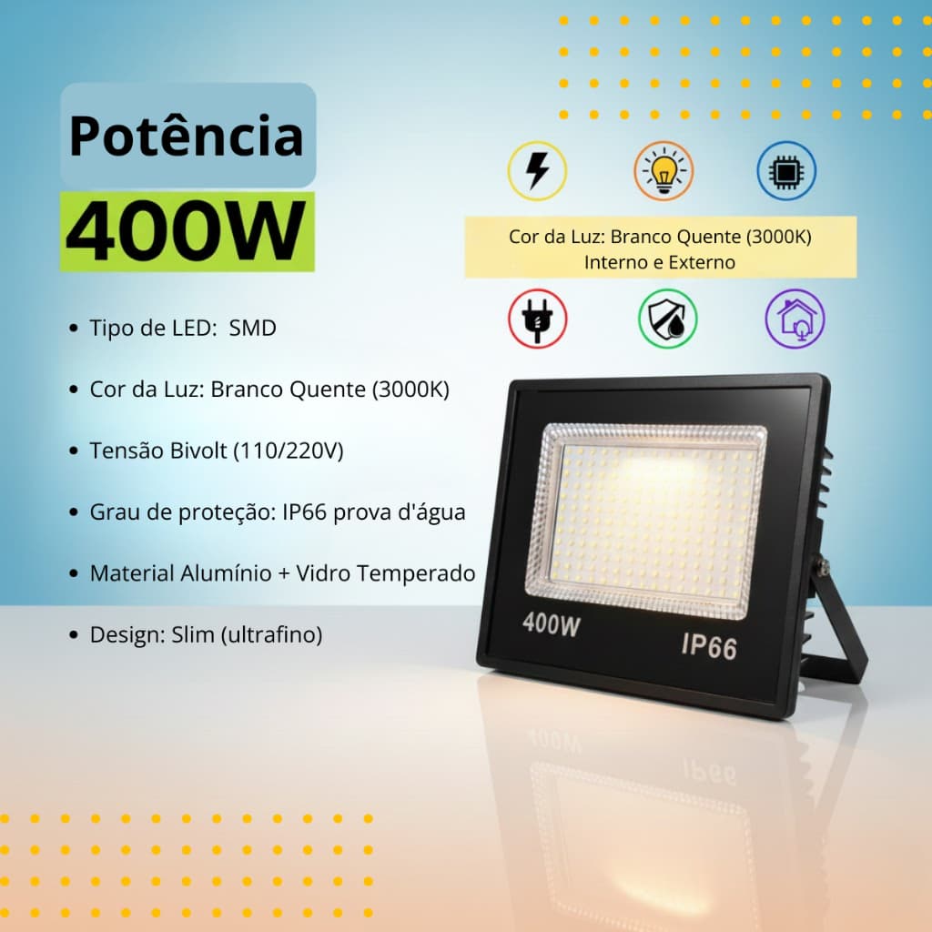 Refletor LED Holofote 400W | Branco Quente | Slim | Prova d’Água | Bivolt 110/220V | Preto