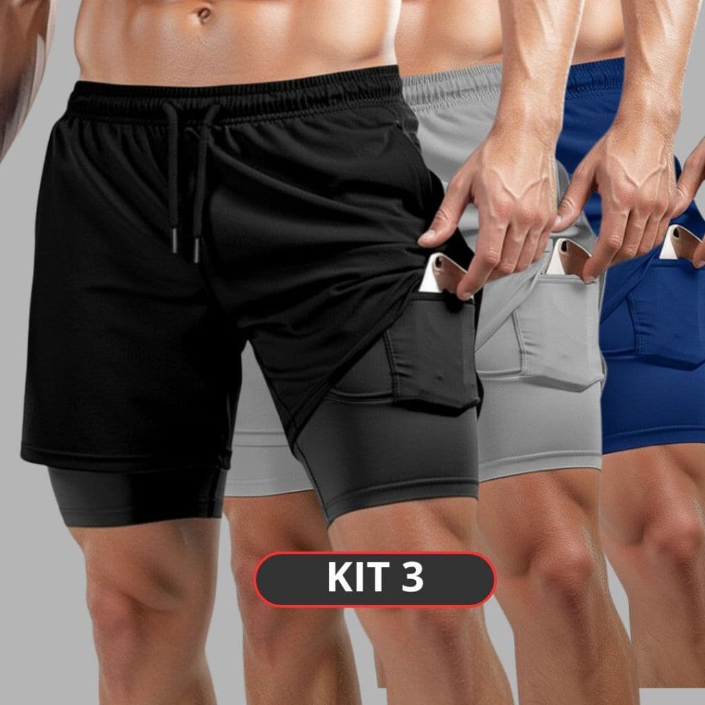 Kit 3 Bermuda de Academia 2 em 1 | Performance e Conforto Total