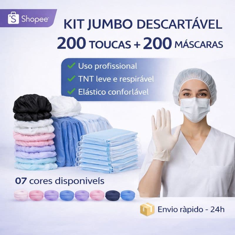 Kit 200 Máscaras + 200 Toucas Descartáveis p/ Proteção Facial Salão, Clínica & Cozinha,Estetica