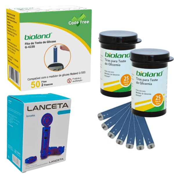 50 Tiras Fitas Glicose Glicemia Bioland 100 Lancetas
