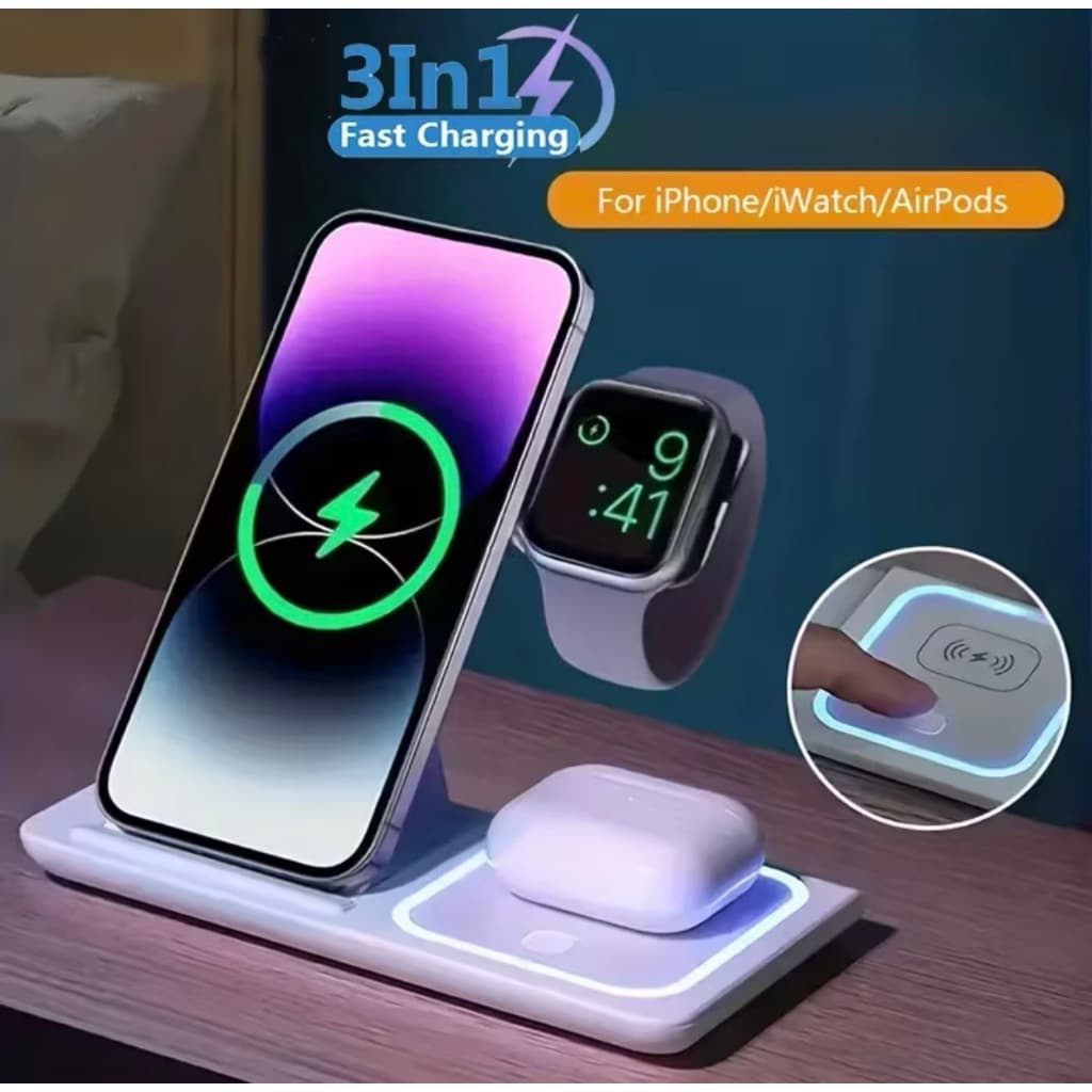 Carregador por Indução 3 em 1 Dobrável Wireless Celular Fone Relógio