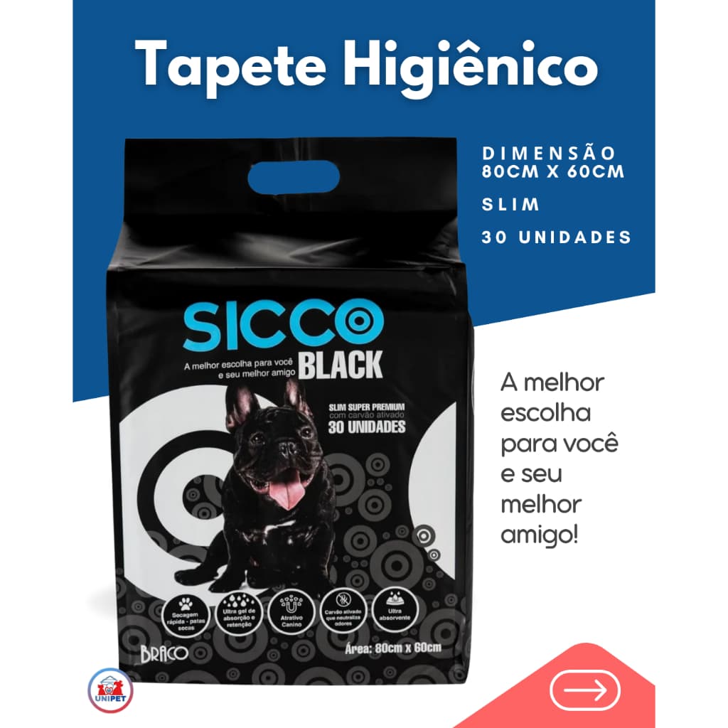 Tapete Higienico para Cães Sicco Black Carvão Ativado - 30 unidades - 80x60cm