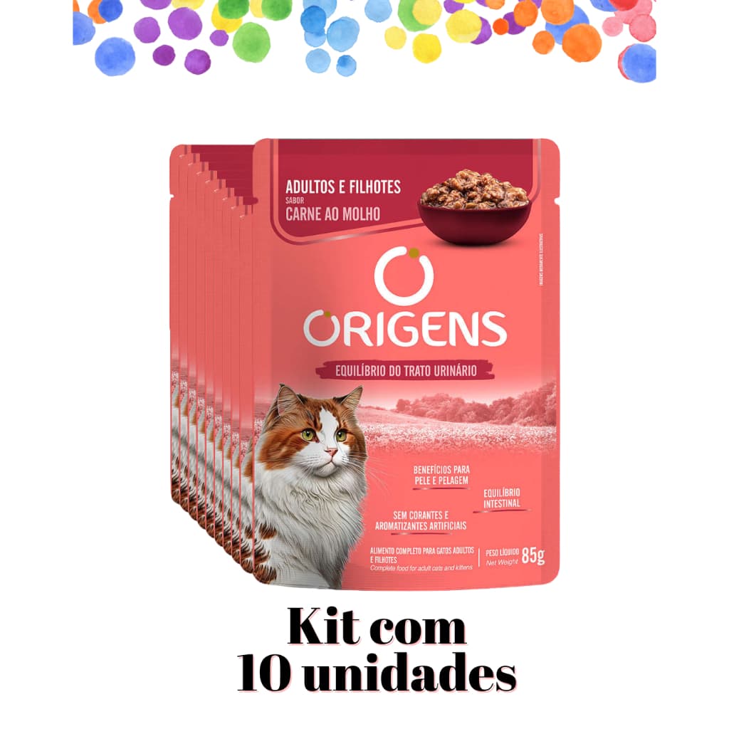 kit 10 unid - Sachê Origens Premium Especial Gatos Adultos e Filhotes Sabor Carne ao Molho 85g - Ração úmida