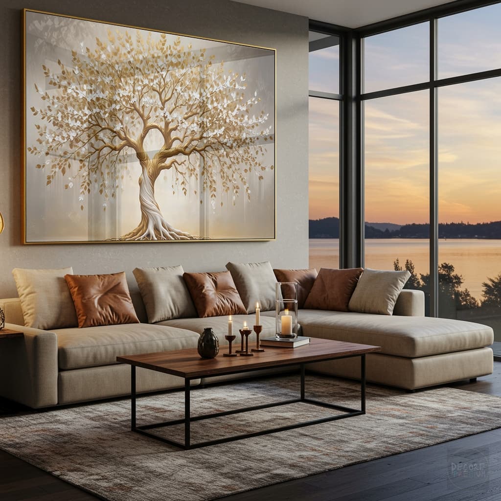 Quadro Decorativo Arvore Da Vida Dourado E Branco Clean Neutro Sala Hall Horizontal Moldura E Vidro
