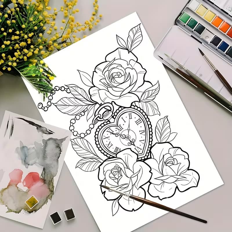 Folhas Avulsas de Colorir  Desenhos Tatuagens Adulto Deluxe Variadas - 22 Folhas 90g Grossas para Relaxante A4 e Pintura