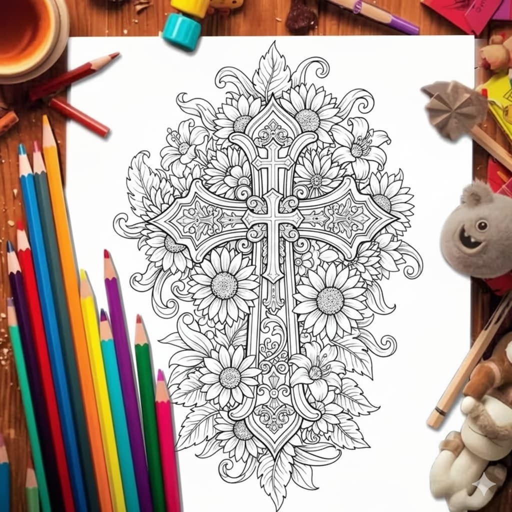Folhas Avulsas de Colorir para Adultos Edição Deluxe - 20 Folhas Grossas 90g Design de Cruzes & Flores |  Arte Relaxante