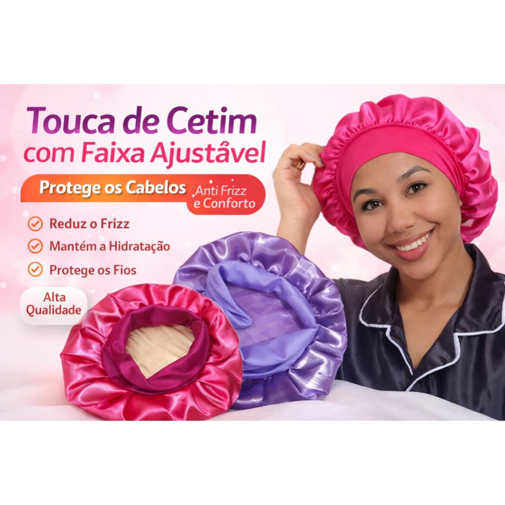 Touca de Cetim com Faixa Ajustável – Protege os Cabelos, Anti Frizz e Confortável