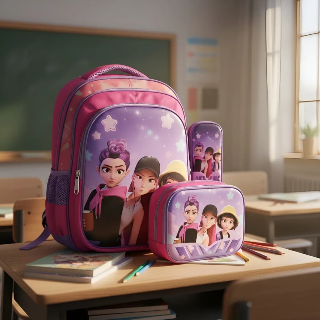 KIT 3 EM 1 MOCHILA inspiração HUNTRIX Guerreiras do K-Pop + Lancheira Térmica + Estojo