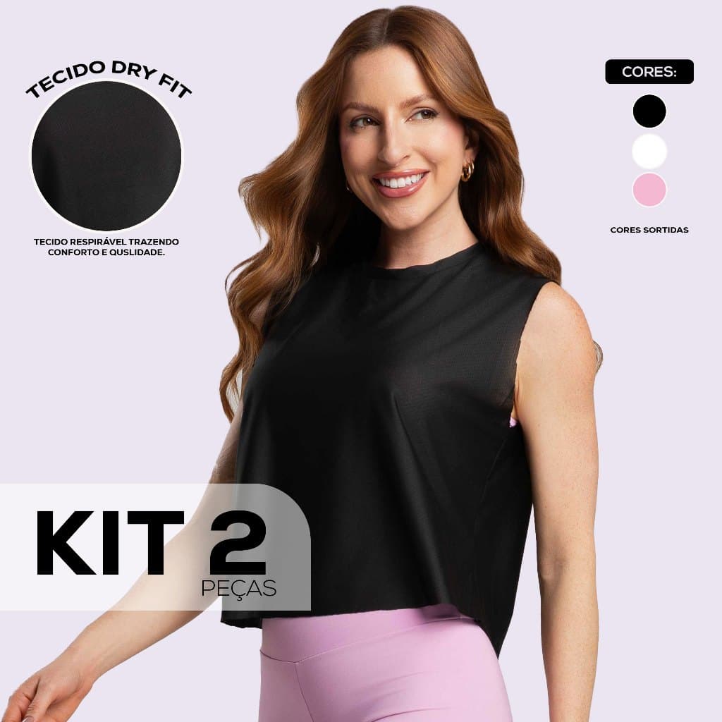 Kit 2 Camisetas Cropped Fitness Dry Fit Feminina Academia Regata Cavada Crossfit Dyeu