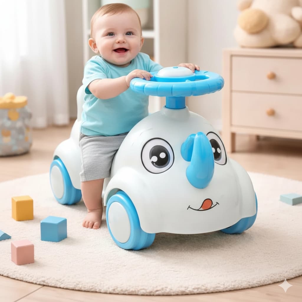 Andador Infantil Rinoceronte Azul Caminhador Bebê Seguro Estável Divertido Desenvolvimento Motor