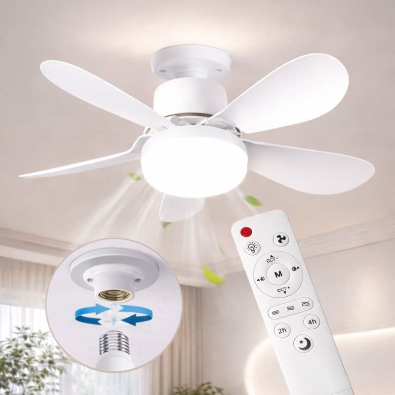Ventilador de Teto Bocal Lampada Controle Remoto Luz Branca e Amarela Silencioso 3 Velocidades