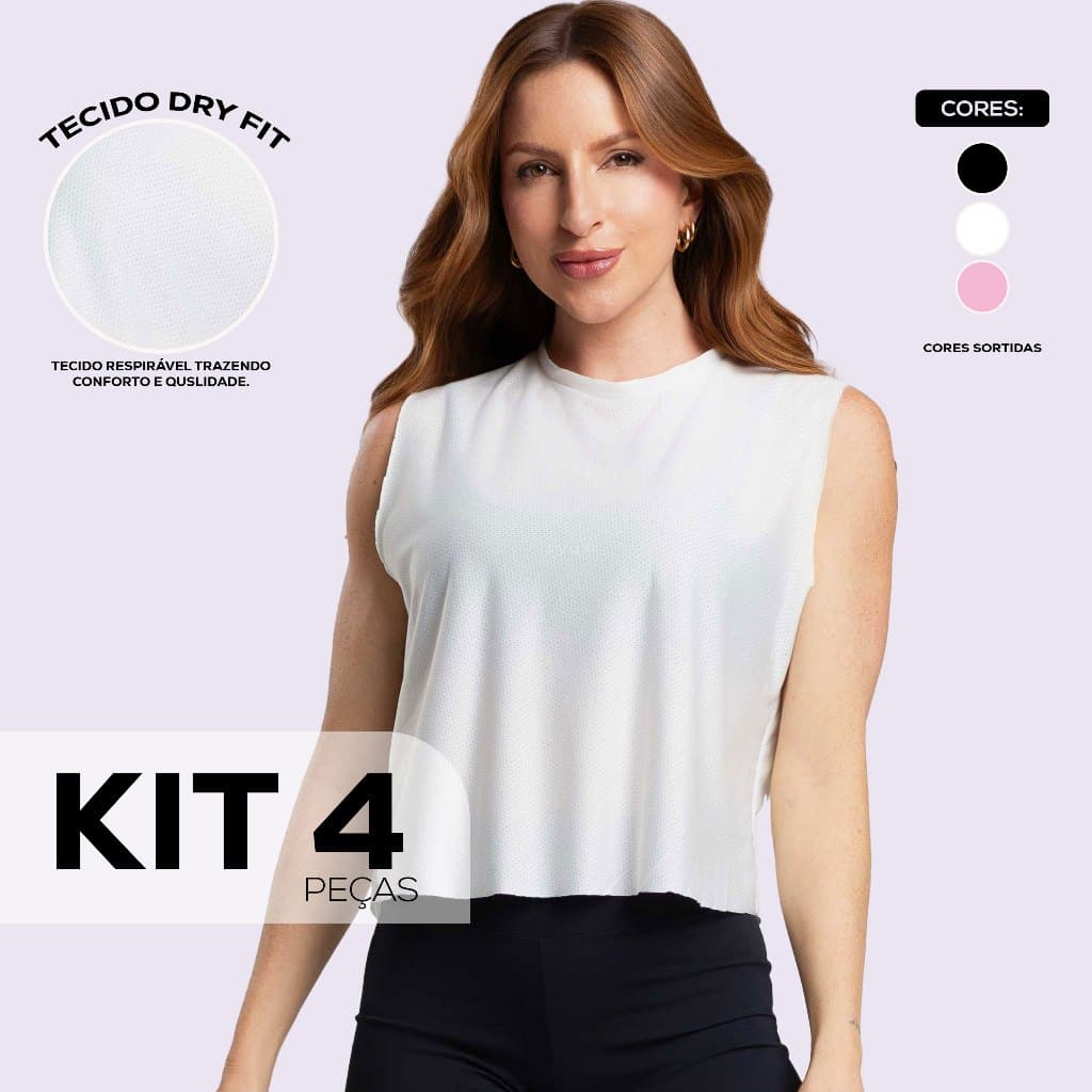 Kit 4 Camisetas Cropped Fitness Dry Fit Feminina Academia Regata Cavada Crossfit Dyeu
