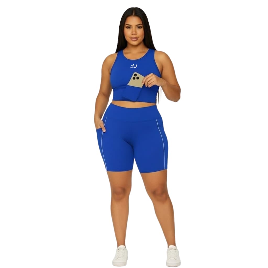Conjunto Top Cropped Com Bolso e Short Corrida Com Bolsos Laterais Compressão  Feminino Plus Size