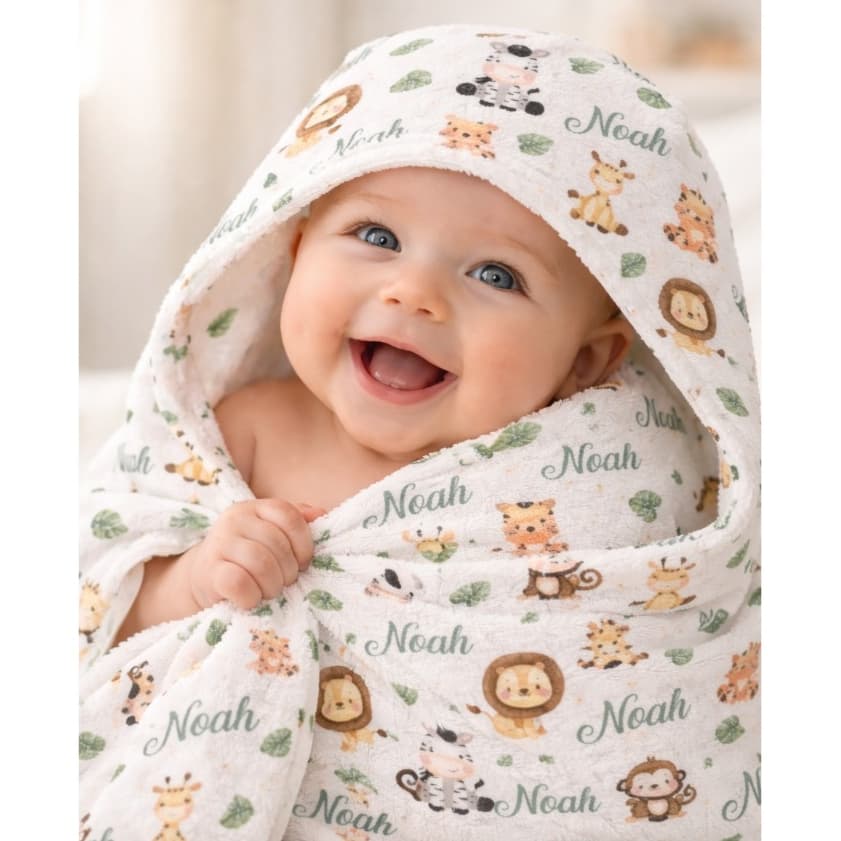 Toalha De Banho Bebê Com Capuz Personalizável Com Nome Roupão Infantil Recém Nascido Criança Bichinho 100% Algodão