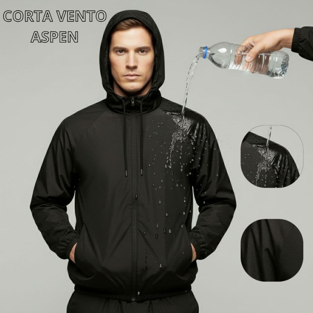 Corta Vento Masculina Impermeável Preto Com Capuz E  Bolsos