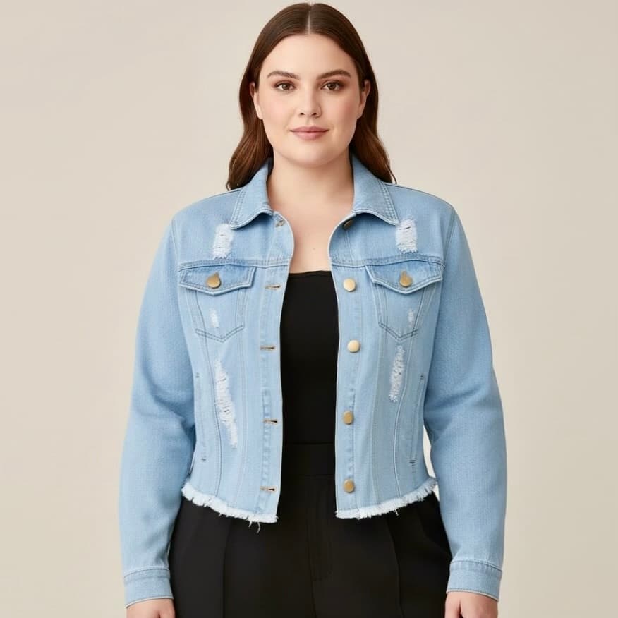 Jaqueta Jeans Plus Size Feminina Clara Desfiada Linha Premium Denim