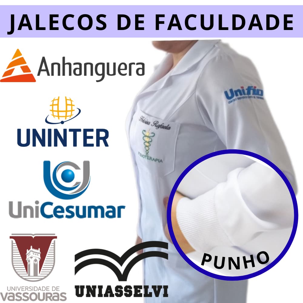 Jaleco Bordado Feminino Acinturado com PUNHO / OXFORD E GABARDINE (Brasão de curso e Logo Instituição)