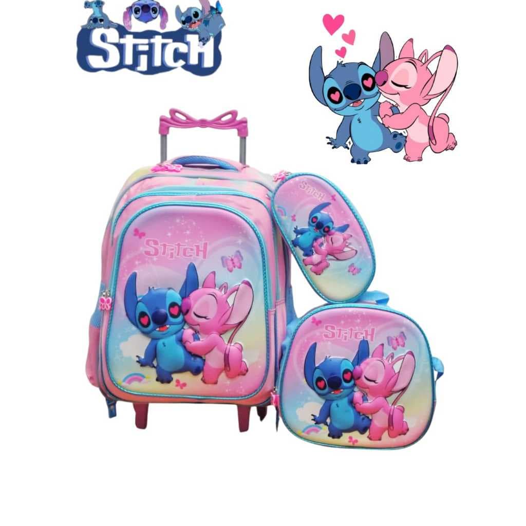 Kit Mochila Infantil De Rodinha Escolar Stich 3d  Meninas