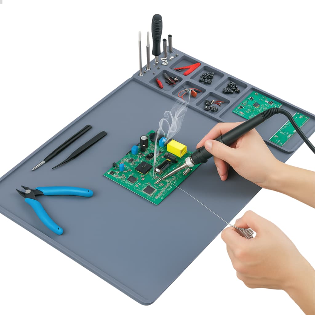 Tapete Manta De Solda Silicone 50x35 cm Bancada Eletrônica 500 °C Com Imã Cinza