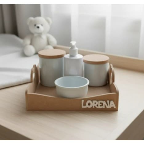 Kit Higiene Bebê Porcelana nome personalizado bandeja alça sem pintura Tampa Madeira potes