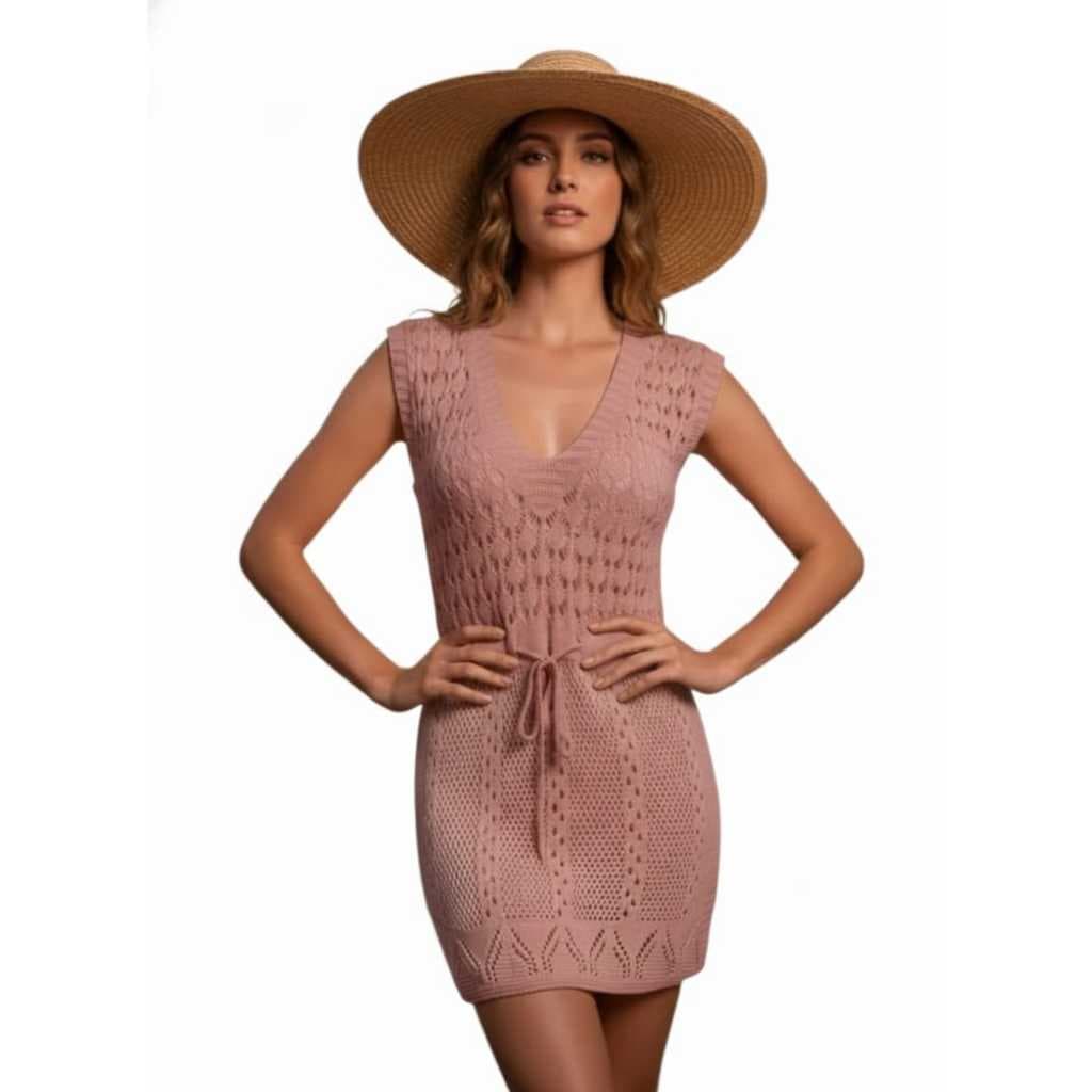 Vestidinho Saída de Praia e Piscina em Tricot e Decote V Trabalhada Ajustável e Fenda Lateral Curto