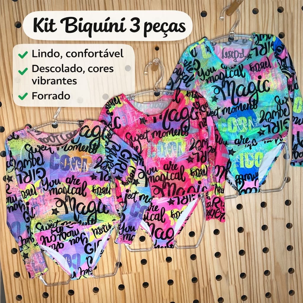 Kit Biquíni Infantil 3 Peças com Blusinha Telada Manga Longa /Praia /Piscina/ Proteção UV/Forrado