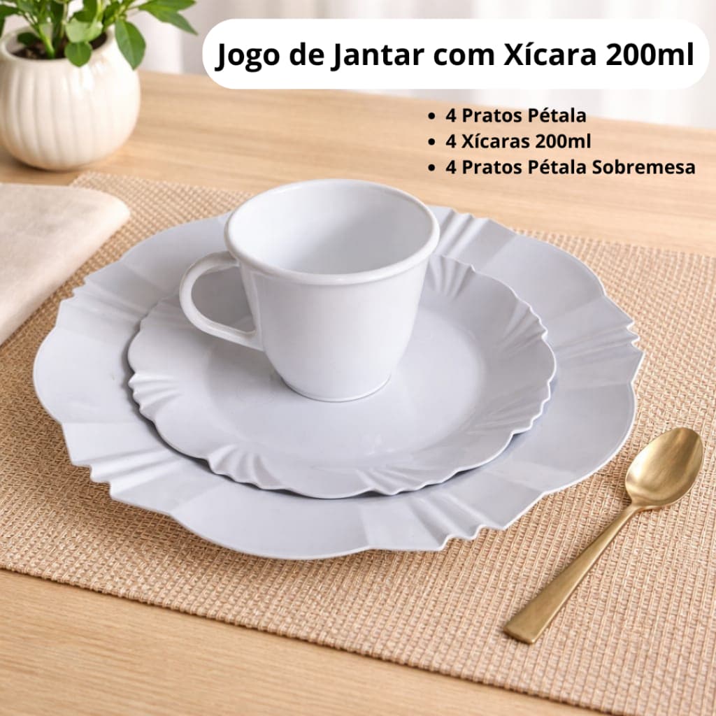 JOGO DE JANTAR 12 PEÇAS BRANCO COM XÍCARA 200ML, MATERIAL: PLÁSICO, MESA POSTA, LINDO E RESISTENTE