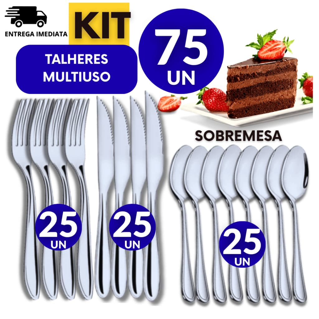 Jogo Com 75 Peças Talheres Inox 25 Garfo 25 Faca 25 Colher Sobremesa Premium Resort Cozinha Buffet Restaurante Utilidade