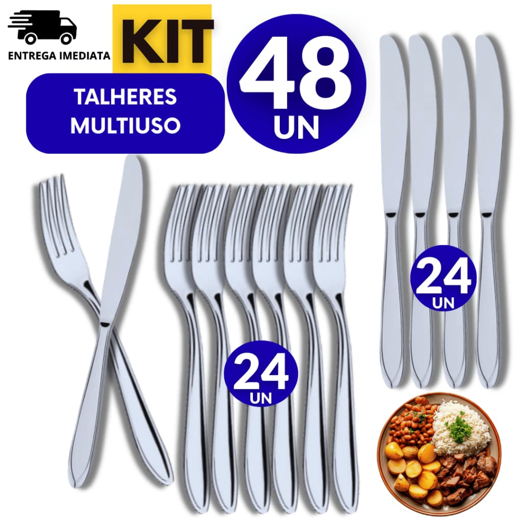 Kit Talheres Inox 48 Peças – 24 Garfos + 24 Facas | Resistente e Elegante 4