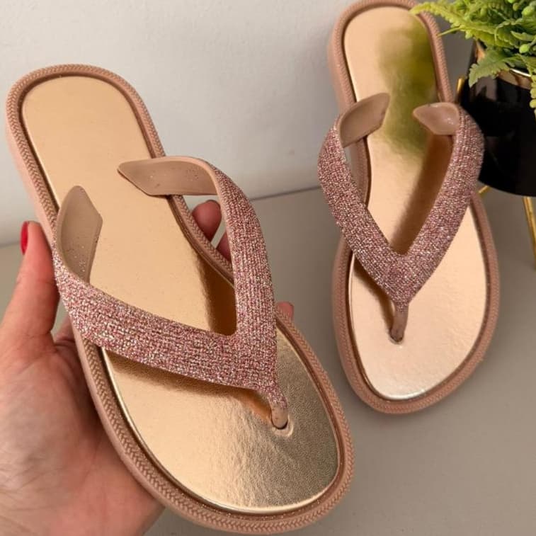 Chinelo Feminino Rasteira Com Tiras Strass Brilhante Macia e Confortável