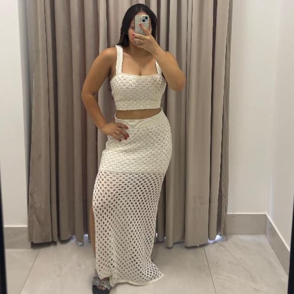 Conjunto Feminino Saída de Praia Saia Longa e Cropped Tricot Pisicina Verão Elegante