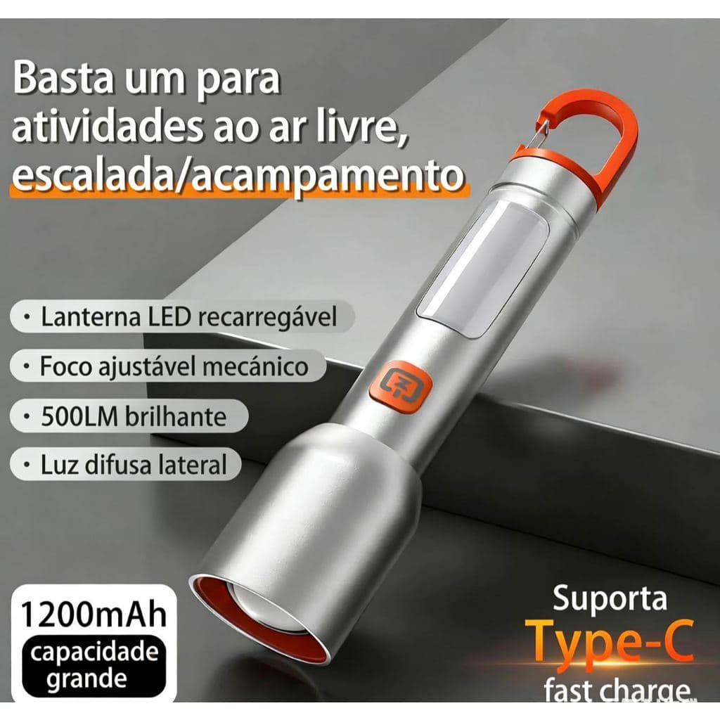 Lanterna Holofote Led Tática Recarregável Tipo-C Com Espelho Lanterna Profissional USB Ligas de Alumínio | 6h Autonomia