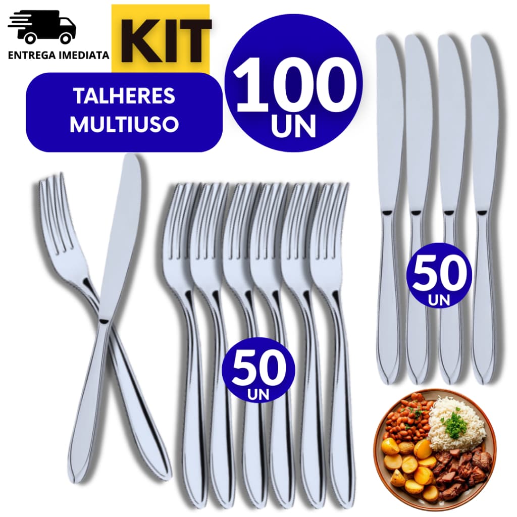 Combo Utensílios 100 Peças - Talheres Inox 50 Garfos, 50 Facas Premium, multiuso na sua cozinha Variáveis  Resistente