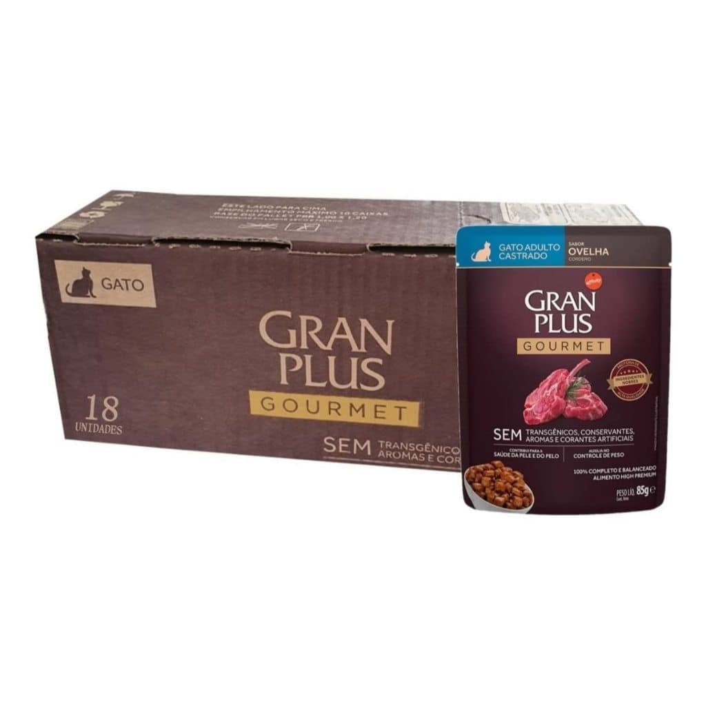 Kit 10un Sachê Gran Plus Gourmet Gatos Castrados Ovelha 85g Ração Úmida