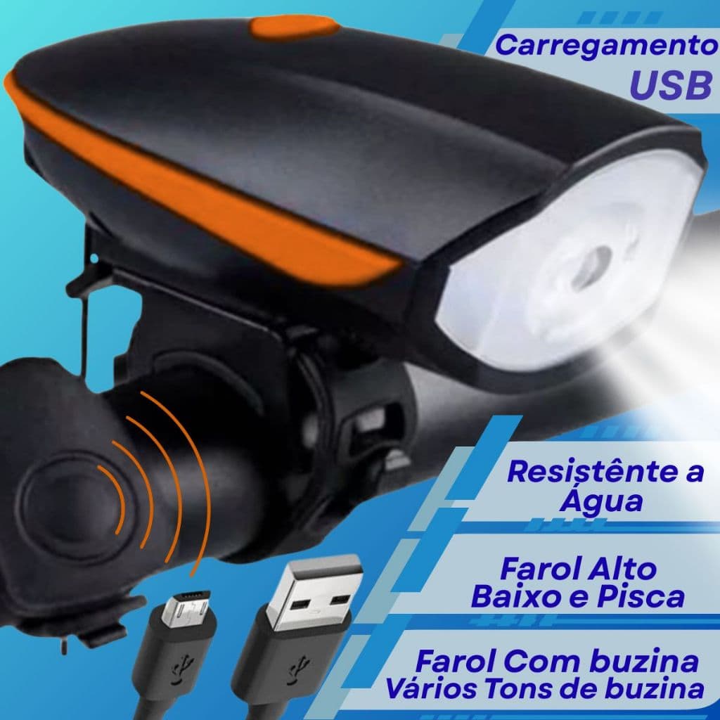 Farol Com Buzina Bike Carregamento USB Recarregavel 5 Modos de Som Luz Led Bicicleta