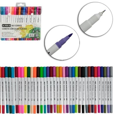 Caneta Hidrografica Ponta Dupla Grossa e Fina Cores Classicas 36 Peças