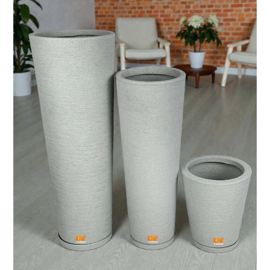 Kit 3 Vasos Planta, Pilão Ibiza Classic P e M+ Coluna Redonda N1 Texturizados Casa Jardim C/Prato