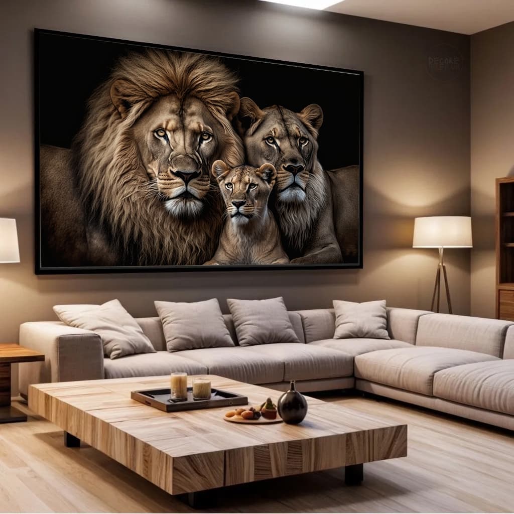 Quadro Leão Unido Pai Mãe E Filho Filhote Feroz Emponentes Horizontal Moldura E Vidro
