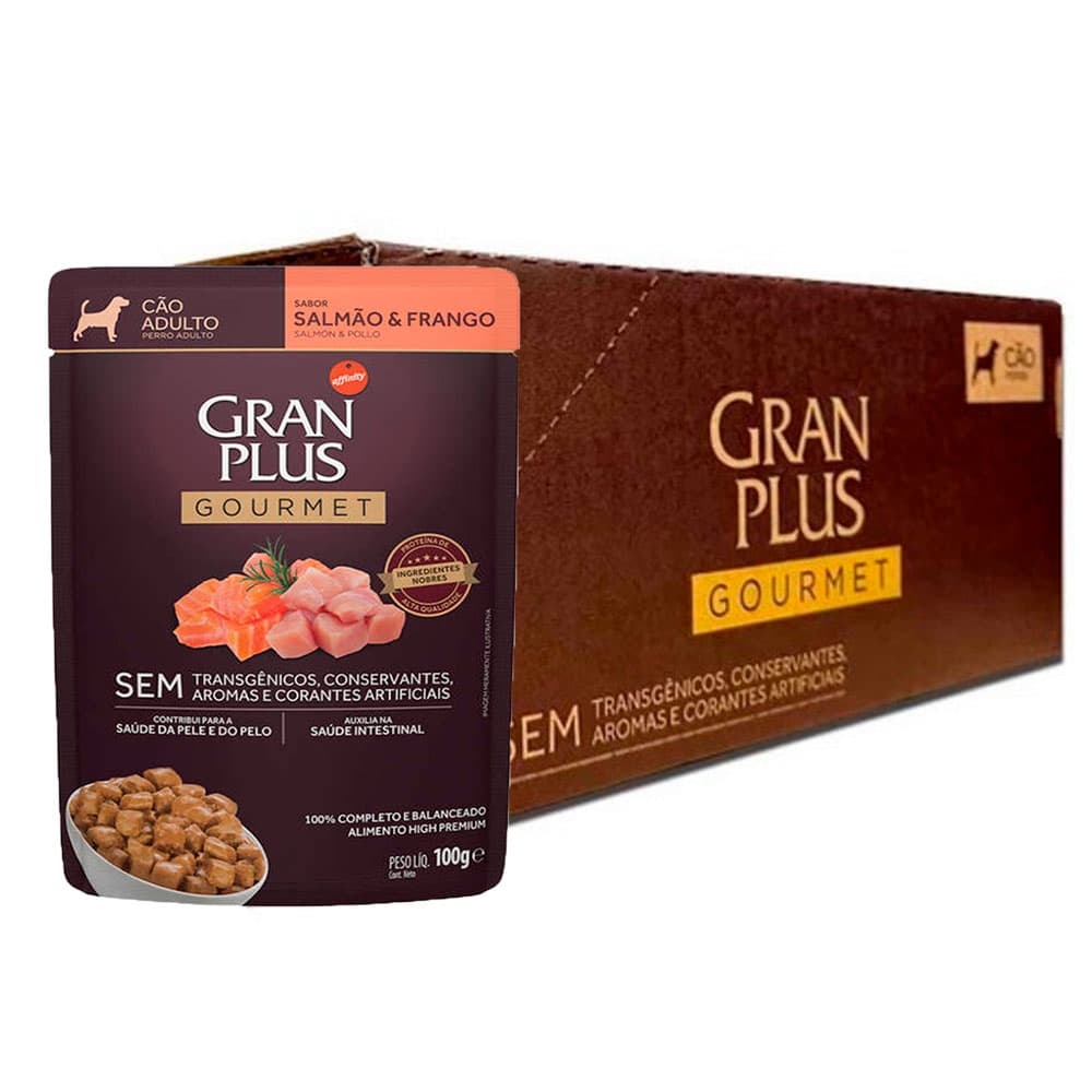 Kit 10un Sachê Gran Plus Gourmet Cães Adultos Salmão e Frango 100g Ração Úmida