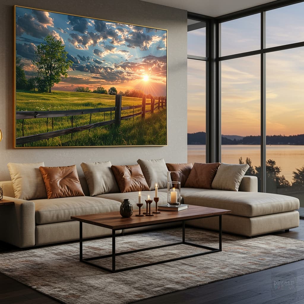 Quadro Paisagem Fazenda Sol Ensolarado Campo Verde Haras Chacara Moldura E Vidro