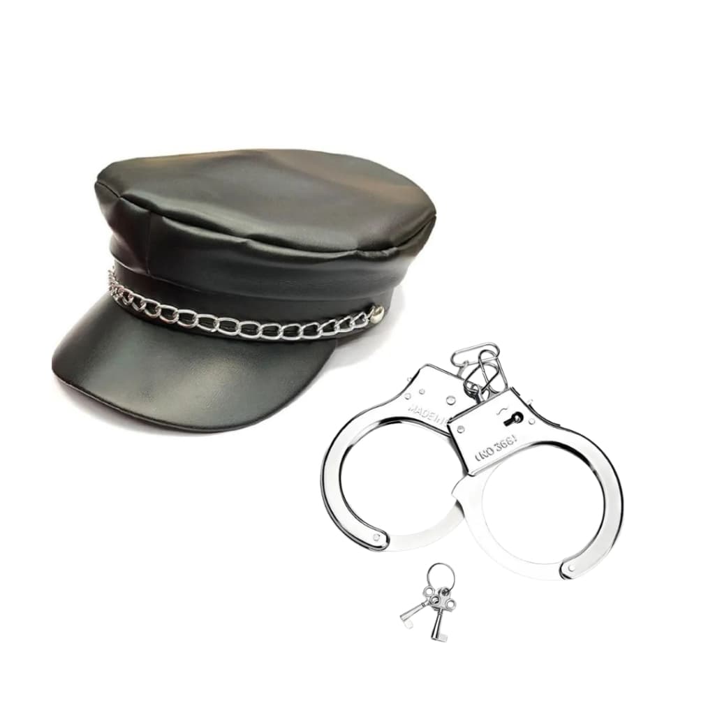 Kit Chapéu Policial com Algema Quepe Boina Policial com Algema Preto Com Corrente Fantasia Festa Cosplay