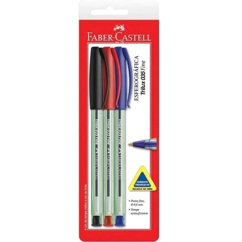 Caneta Esferografica Trilux Ponta Fina Vermelho/Preto/Azul - Blister com 03, Faber-Castell, SM/TRIPF