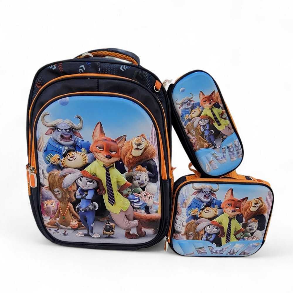 KIT 3 EM 1 MOCHILA inspiração ZOOTOPIA COM DESENHO 3D+ Lancheira Térmica + Estojo