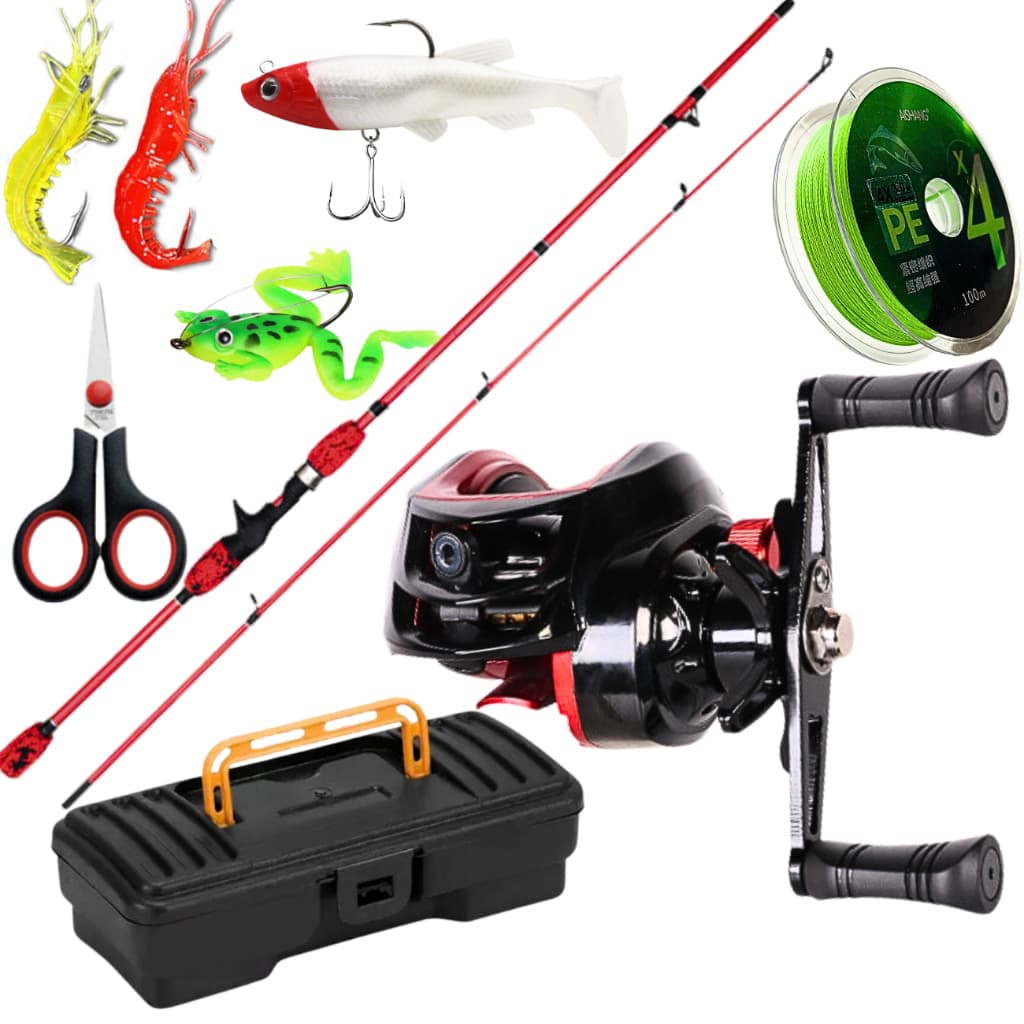 Carretilha de Pesca Anticabeleira Vara Fibra de Carbono Linha Multifilamento Isca Artificial Kit.