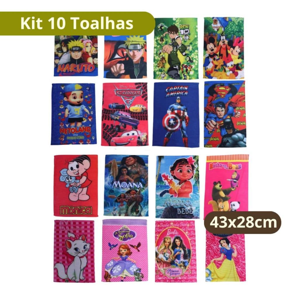 Kit 10 Toalhas Infantis Personagens Toalhinhas de Criança Escolar Lancheira