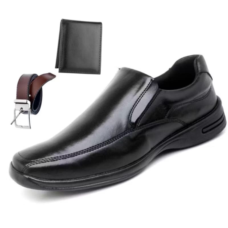 Kit 3 em 1 Sapato Conforto Masculino Sintético com Carteira e Cinto Casual Social Trabalho Executivo