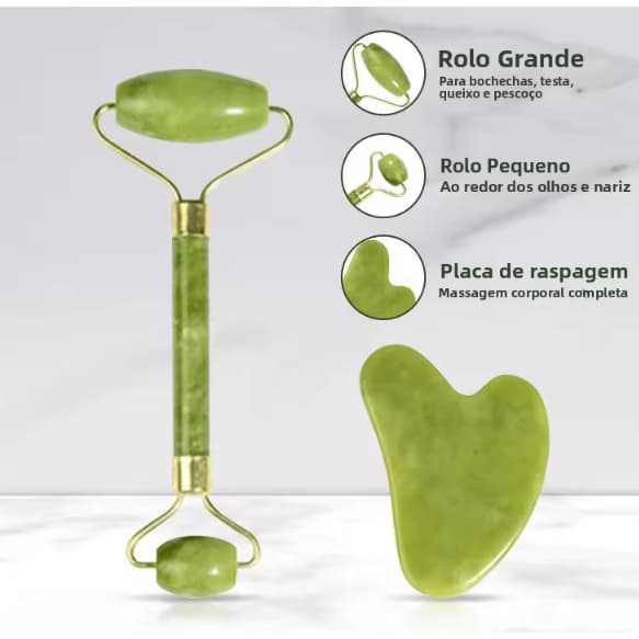 Kit Rolo Massageador Facil Pedra Jade + Gua Sha Pedra De Jade Anti Rugas