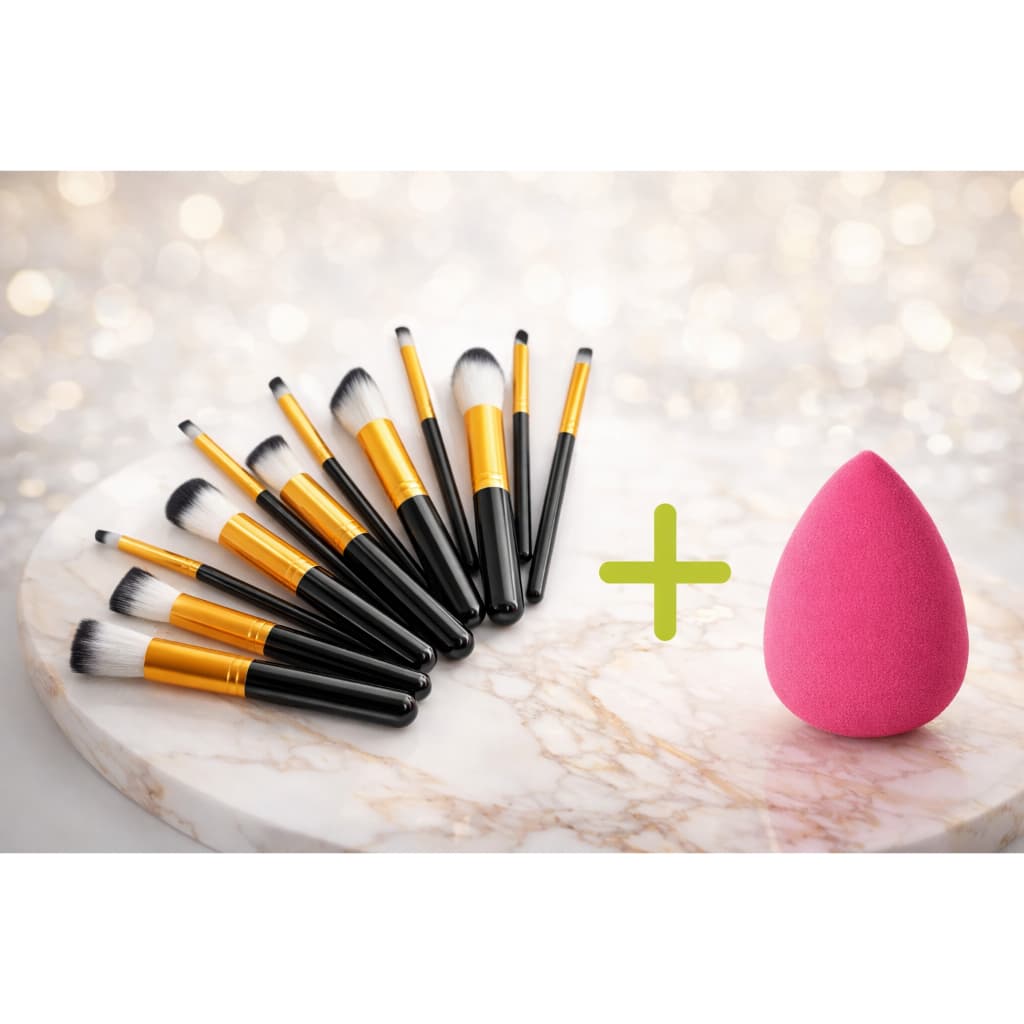 Kit 10 Pinceis Maquiagem Profissional + 1 Esponja tipo gota de brinde